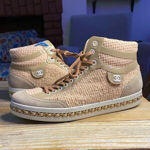 CHANEL Tweed High Top Sneakers Pink